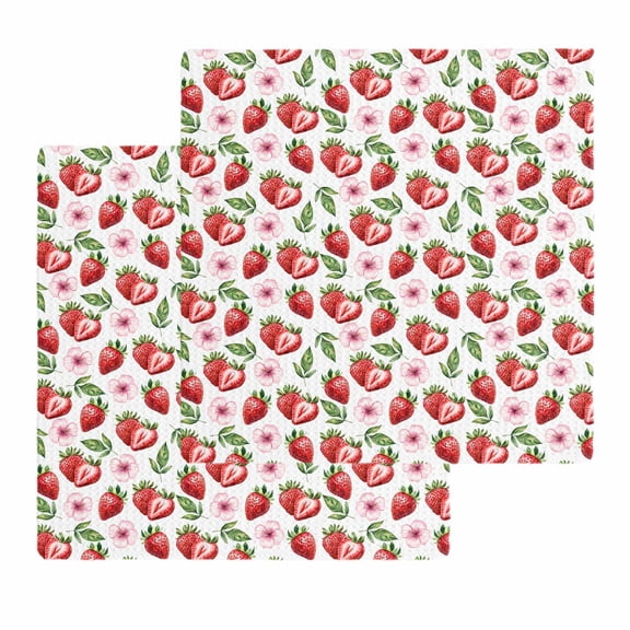 Strawberry Kitchen Dish Towels for Drying Dishes Set of 2, Tropical Summer Red Fruit Cherry Blossoms Waffle Weave Microfiber Hand Tea Bathroom Towels Quick Dry & Absorbent Towel 12x12