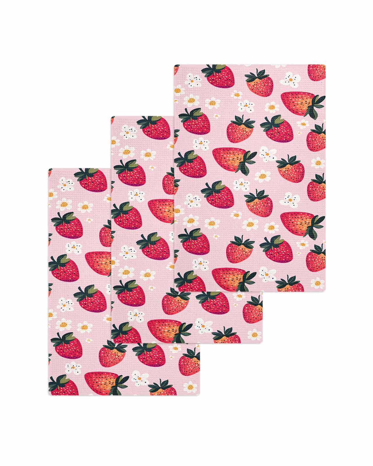 Strawberry Kitchen Dish Towels for Drying Dishes Set of 3, Pink Spring Summer Rustic Floral Fruit Waffle Weave Microfiber Terry Hand Tea Bathroom Towels Quick Dry & Absorbent Towel 15.7x23.6