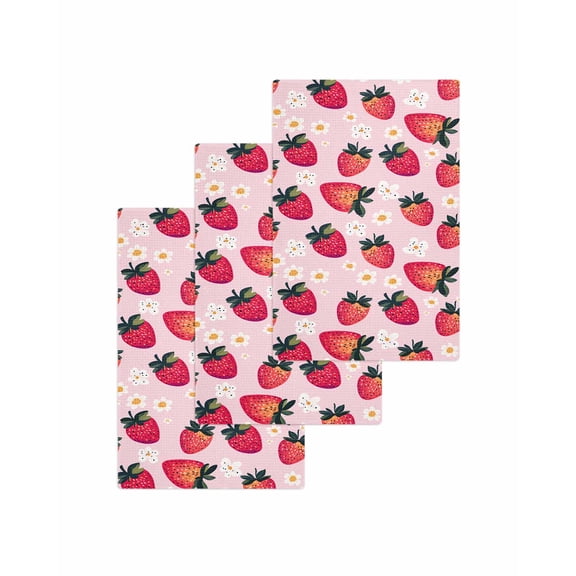 Strawberry Kitchen Dish Towels for Drying Dishes Set of 3, Pink Spring Summer Rustic Floral Fruit Waffle Weave Microfiber Terry Hand Tea Bathroom Towels Quick Dry & Absorbent Towel 15.7x23.6