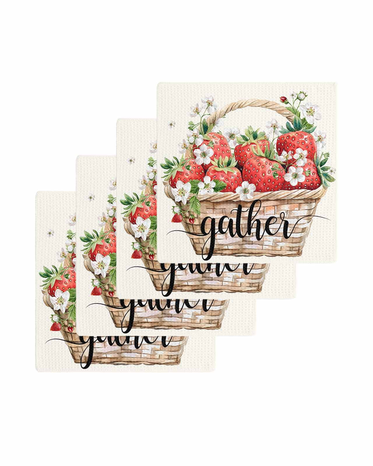 Strawberry Kitchen Dish Towels for Drying Dishes Set of 4, Summer Fruits Basket Botanical Floral Waffle Weave Microfiber Terry Hand Tea Bathroom Towels Quick Dry & Absorbent Towel 12x12