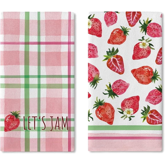 Strawberry Kitchen Dish Towels Set of 2, Pink Green Buffalo Plaid Fruit Let's Jam Drying Hand Towel Baking Cooking Cloth, Spring Summer Farmhouse Bathroom Home Decoration 18'' x 26''