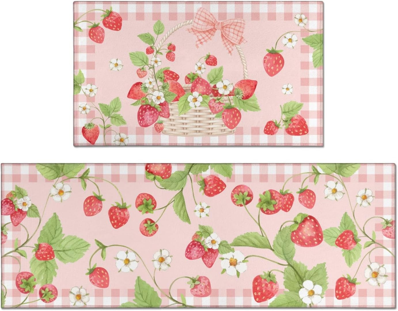Strawberry Kitchen Mats for Floor, Kawaii Cute Strawberry Flower Plaid