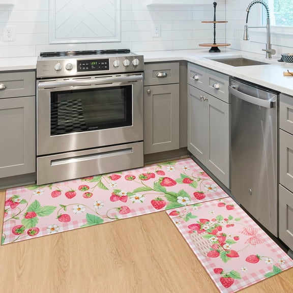 Strawberry Kitchen Mats for Floor, Kawaii Cute Strawberry Flower Plaid Kitchen Rugs Set of 2 Carpet Area Rug, Fruit Strawberry Kitchen Decor and Accessories Stuff, 17x30 and 17x47 Inch, Pink White