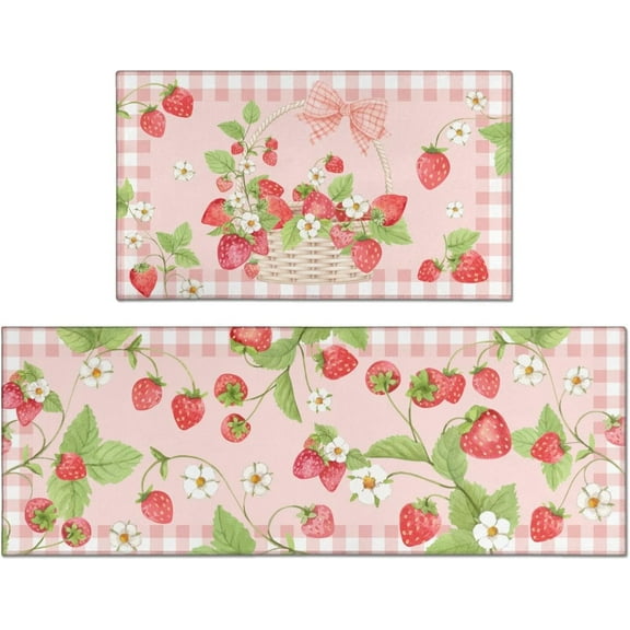 Strawberry Kitchen Mats for Floor, Kawaii Cute Strawberry Flower Plaid Kitchen Rugs Set of 2 Carpet Area Rug, Fruit Strawberry Kitchen Decor and Accessories Stuff, 17x30 and 17x47 Inch, Pink White