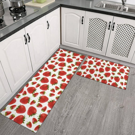 Strawberry Kitchen Mats Set 2 Piece Pink Strawberry Decorative Rugs for Kitchen Low-Profile Strawberry Floor Mats Decorations for Home Kitchen (17x48+17x24 Cute Kitchen Rug)