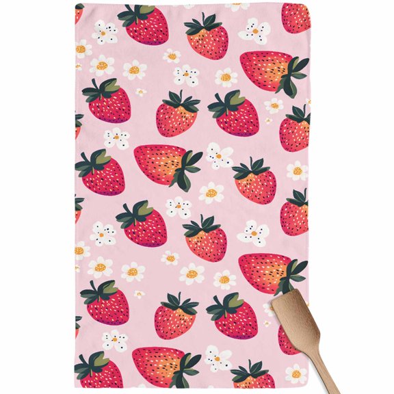 Strawberry Kitchen Towel Dish Cloths Set of 1, Microfiber Soft Kitchen Hand Towels, Pink Spring Summer Rustic Floral Fruit Absorbent Quick Drying Dishcloths 18 x 28 Inches