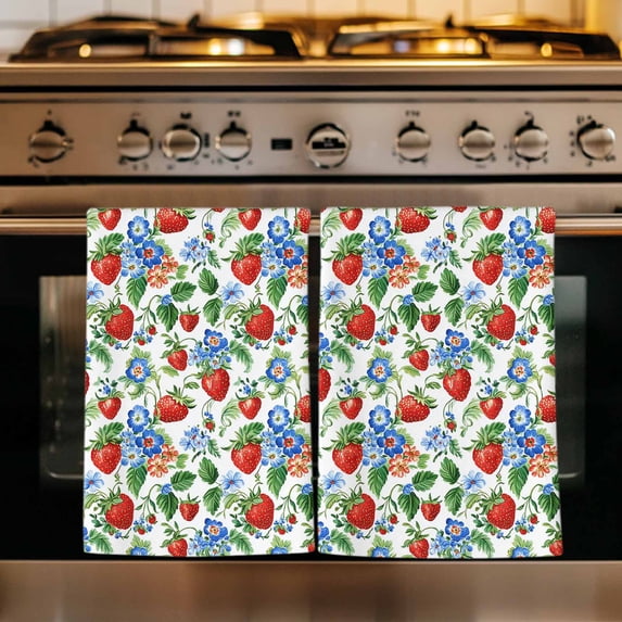 Strawberry Kitchen Towels Set of 1, Summer Botanical Blue Spring Floral Absorbent Dish Towels for Kitchen, Microfiber Hand Towel, Quick Drying Tea Towel for Cleaning Decorative Dishcloths