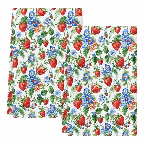 Strawberry Kitchen Towels Set of 2, Absorbent Microfiber Dish Tea Towels with Hanging Loop, Summer Botanical Blue Spring Floral Resuable Hand Towel for Home Kitchen Cooking Cleaning 18"x28"