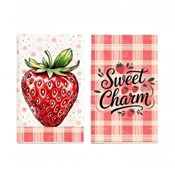 Strawberry Kitchen Towels Set of 2, 'Sweet Charm' Summer Berry Dish Towels, Red Checkered Farmhouse Decorative Hand Towels for Kitchen Decor and Cleaning, 18x26 Inch