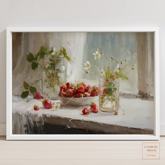 Strawberry Kitchen Window Wall Art Print, Unframed Paper Poster 8x10in