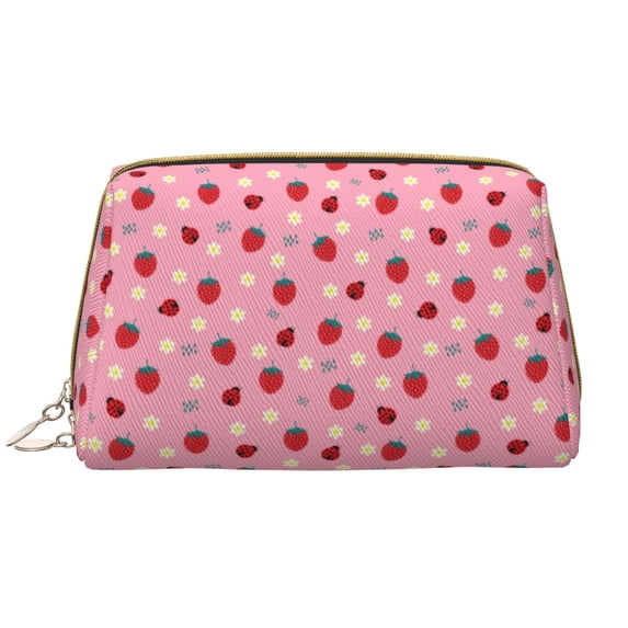 Strawberry and Ladybugs Makeup Bag, Large Capacity Travel Cosmetic Bag for Women Girls- Travel Toiletry Bag Leather Portable Waterproof Makeup Case Organizer with Handle
