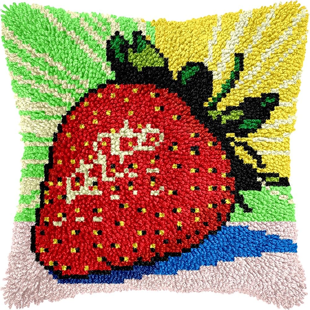 Strawberry Latch Hook Kits Pillow kits Cushion Throw Pillow Embroidery Craft Kits DIY Kits of DIY Hooking Pillowcase Cover Supplier with Color Printed Canvas 43x43cm (122)
