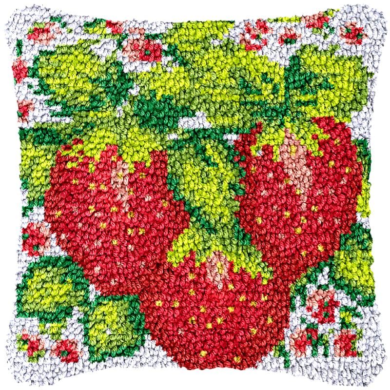 Strawberry Latch Hook Pillow Cover Kits for DIY Handmade Throw Pillow Cross Stitch Latch Hook Pillowcase Rug Kits with Preprinted Color Pattern Canvas Crochet Yarn Kits 17''X 17''(ch12)