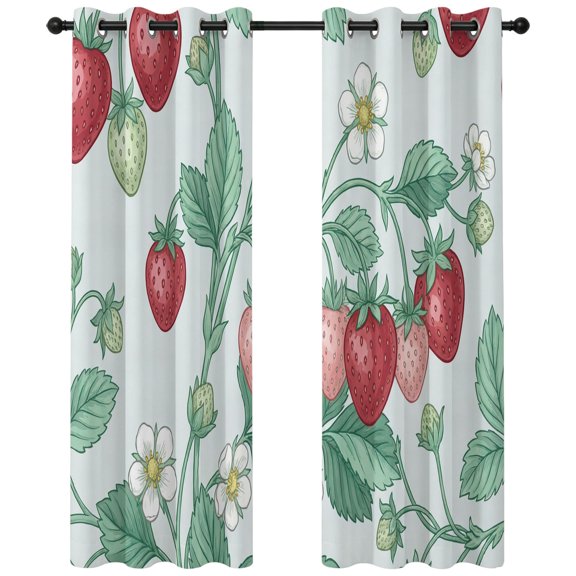 Strawberry Leaves Blackout Curtains 84 Inches Long, Watercolor Red Pink Fruit Floral Mint Green Thermal Insulated Room Darkening Drapes with Grommets for Living Room 52"W x 84"L, 2 Panels