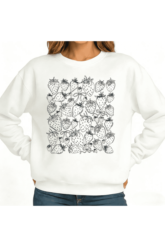 Strawberry Line Art Grid Womans Print Sweatshirt Graphic Sweatshirt Black White S-3XL Fruit Casual Tops