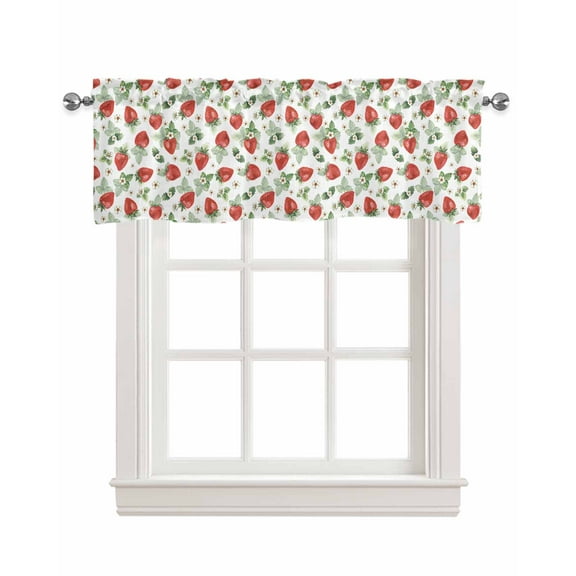 Strawberry Linen Curtain Valance for Bedroom/Bathroom/Kitchen/Office/Living/Dining Room Window,Red Summer Watercolor Fruits Flowers White Rod Pocket Topper Decorative Cafe Drapes Panel 42"x12"