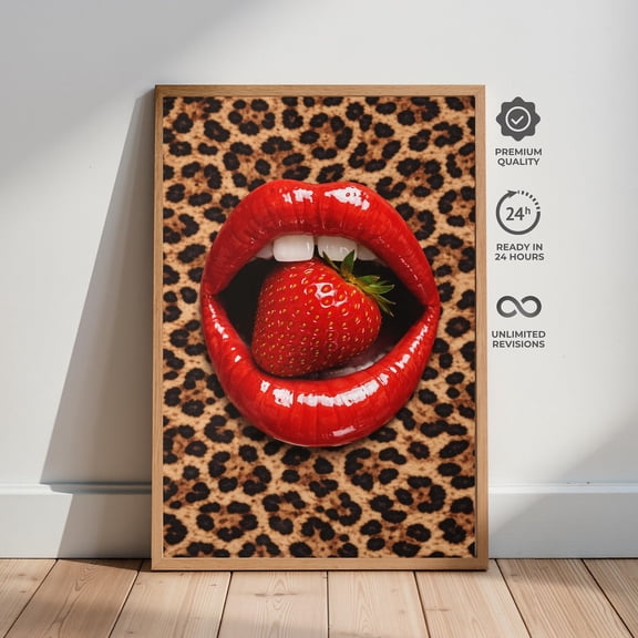 Strawberry Lips Leopard Glam Wall Art Poster Unframed Paper Print