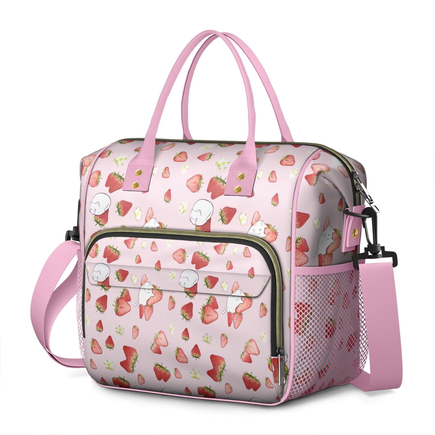 Strawberry Lover's Insulated Tote Bag - Extra Large Leakproof Cooler Lunch Box with Shoulder Strap, Multi-Compartment for Fruits, Drinks (Fruity Summer Berry Design)