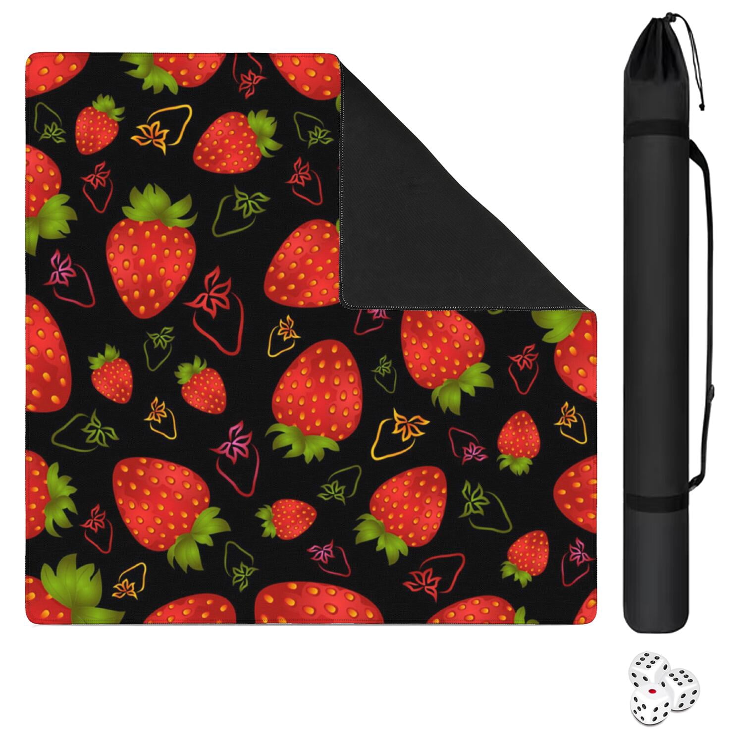 Strawberry Mahjong Mat with Rules, 31.5*31.5in Anti Slip American Mahjong Mat for Table, Noise Reduction, Neoprene Mah jongg Mats with Carrying Bag & 3 Dices, Mahjong Sets Gift, Board Tile Games Mats