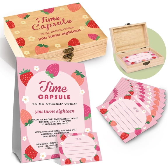 Strawberry Memory Time Capsule Box, Baby 1st Birthday Table Card with 50 Cards 1 Sign, Babe Memorial Box for First Birthday, Shower Boxes