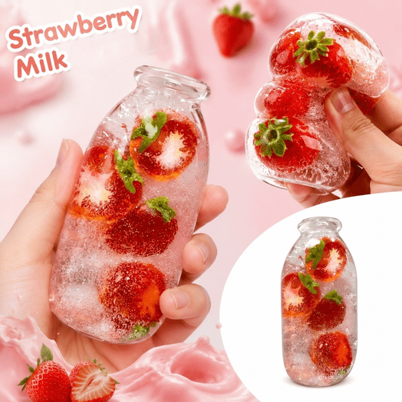 Strawberry Milk Bottle Squishy Toy with Slow Rising Design, 1 Piece, Transparent Pink with Strawberry Slices, for Adults, Toy
