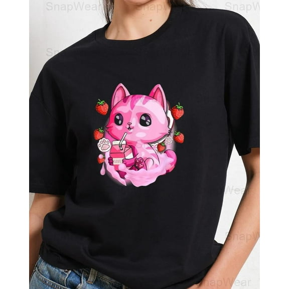 Strawberry Milk Cat Cute Kawaii Kitten Anime Japanese Aesthetic Funny T-Shirt, SW, Hoodie Unisex, up to 5XL