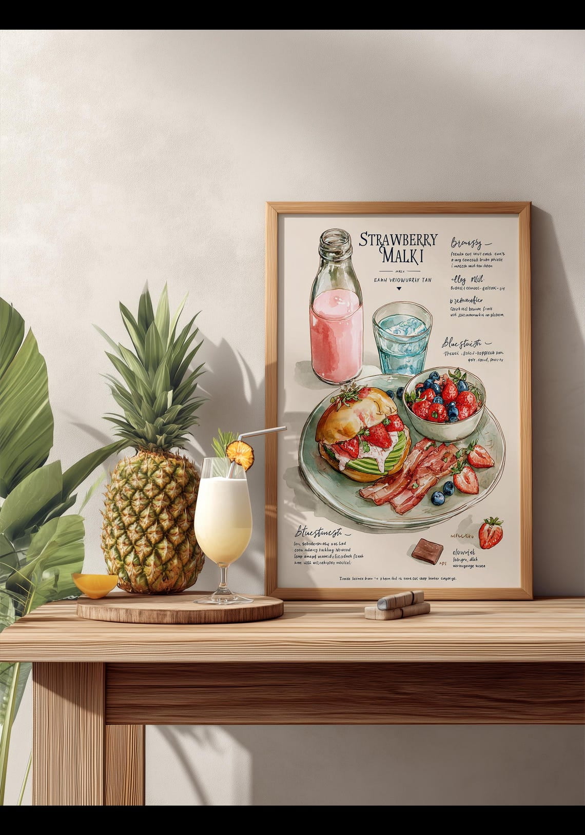 Strawberry Milk Print, Retro Kitchen Illustration, Breakfast Wall Art ...