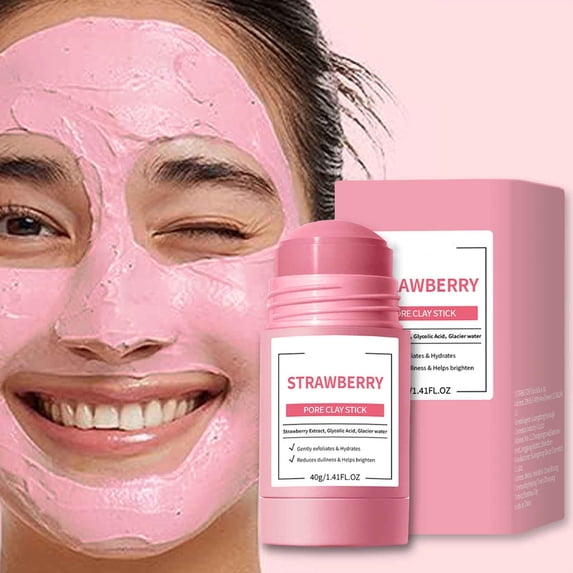 Strawberry Mud Mask Stick for Brightening Dull Skin, Portable Washable Face Mask for Even Tone, Exfoliating Clay Stick – 40g