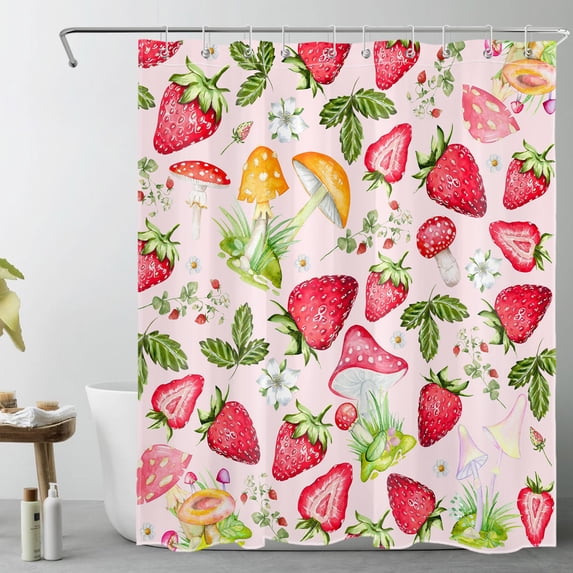 Strawberry Mushroom Shower Curtain for Bathroom,Watercolor Strawberry Mushrooms on Pink Background Fabric Shower Curtain with Hooks, Natural Botanical Fruit Bathroom Curtains Shower Set, 60x72 inches