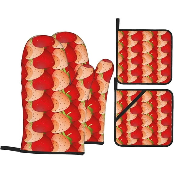 Strawberry Oven Mitts and Pot Holders Sets 4 pcs, Kitchen Oven Gloves Heat Resistant BBQ Gloves Non Slip for Chef, Cooking, Baking