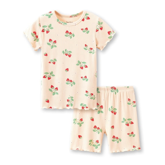 Beezizac Strawberry Pajama Set for Baby/Toddler/Little Girls Footless 2 Piece PJs Short Sleeve Set Size 10