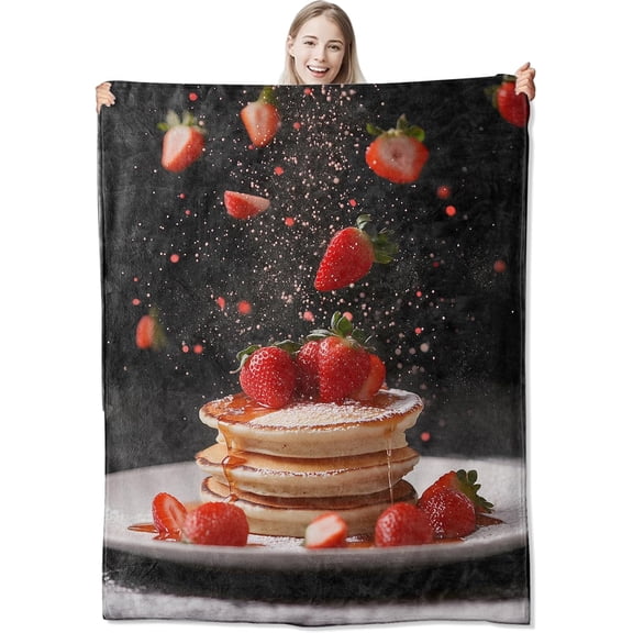 Strawberry Pancake Flannel Throw Blanket 60x50 Inch, Realistic Food with Fresh Berry and Syrup Blankets Soft Cozy Flannel Throws for Adults Bed Sofa Dorm Living Room Home Decor Gifts
