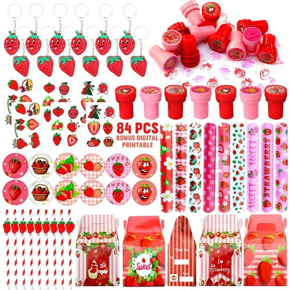 Strawberry Party Favor 84 PCS Sweet Berry Slap Treat Box Bracelets DIY Stickers Stampers Keychain Paper Straws Gift Rewards for Kids Girls Birthday Supply
