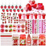 Strawberry Party Favor 84 PCS Sweet Berry Slap Treat Box Bracelets DIY Stickers Stampers Keychain Paper Straws Gift Rewards for Kids Girls Birthday Supply