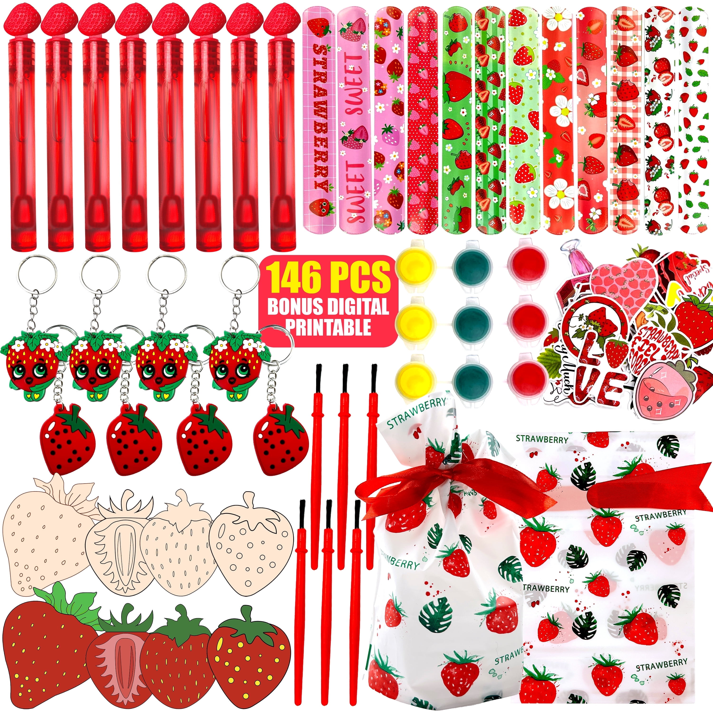 Strawberry Party Favors - 12 Pcs Sweet Berry Wooden Painting Kit Wristband Bubble Wand for Kids