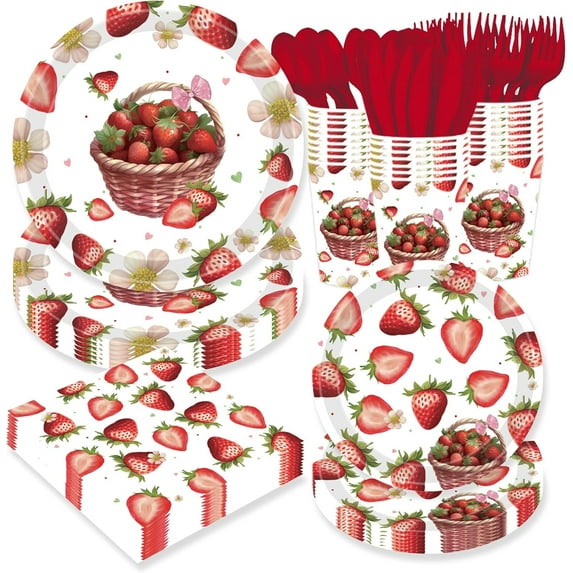 Strawberry Party Supplies 168PCS Strawberry Tableware Set Serves 24, Sweet Strawberry Berry Plates Cups Napkins and Knife Fork Spoon for Birthday Baby Shower