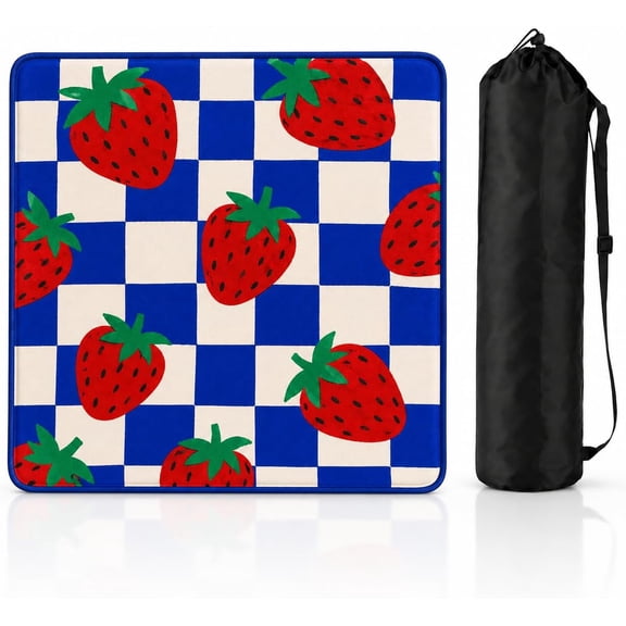 Strawberry Patch Mahjong Mat – Blue Checkerboard Tabletop Game Mat with Fruit Artwork, Non-Slip Rubber Backing for Mahjong, Poker, Card Games & Board Games