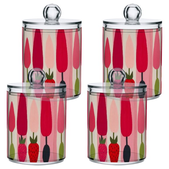 Strawberry Pattern Bathroom Canisters Set of 4 Translucent Plastic Storage for Cotton Pads and Floss