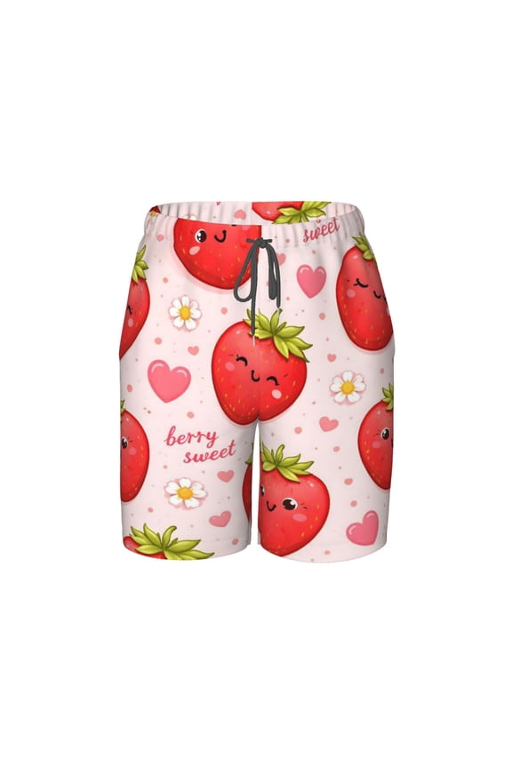 Strawberry Pattern Beach Pants Lightweight and Quick-Drying Teen Shorts with Mesh Lining and Drawstring