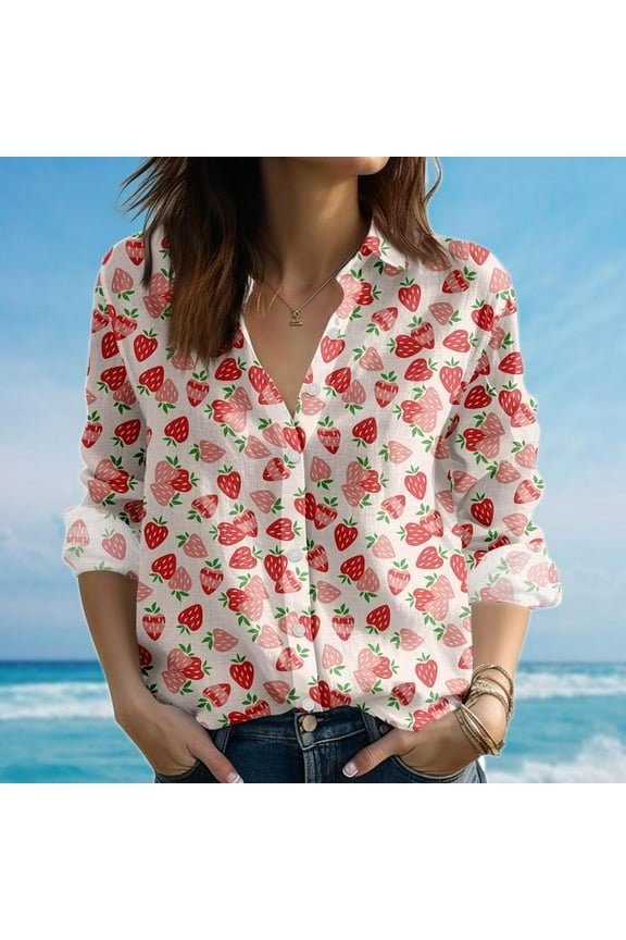 Strawberry Pattern Blouse Shirt, Coquette Style Fruit Women Shirt, Pink Button Women Shirt, Nature Lovers Casual Shirt, Gift For Her