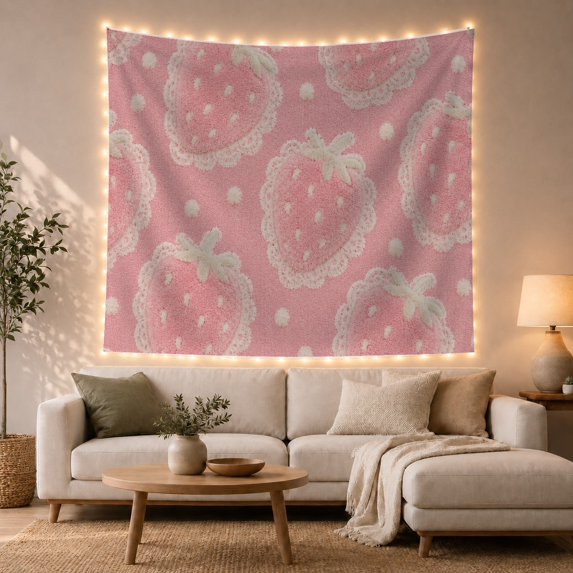 Strawberry Pattern on Blush Pink Background Whimsical Cottagecore Style for Women Cozy Strawberry Wall Art Christmas Gift Tapestry Wall Hanging for Bedroom, Living Room and Dorm
