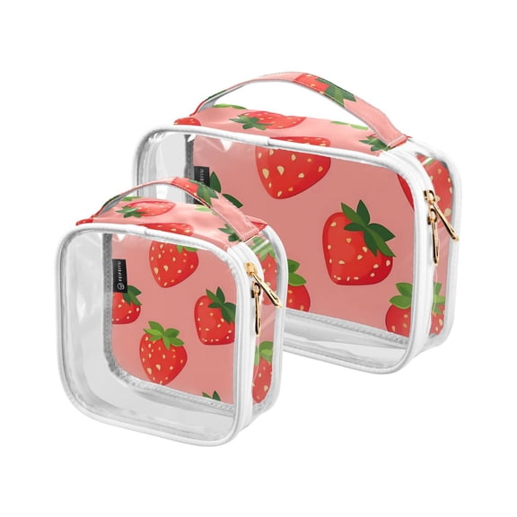 Strawberry Pattern Clear Cosmetic Bags with Handles PVC Toiletry Bags Zipper Waterproof Portable for Traveling 2 Pcs