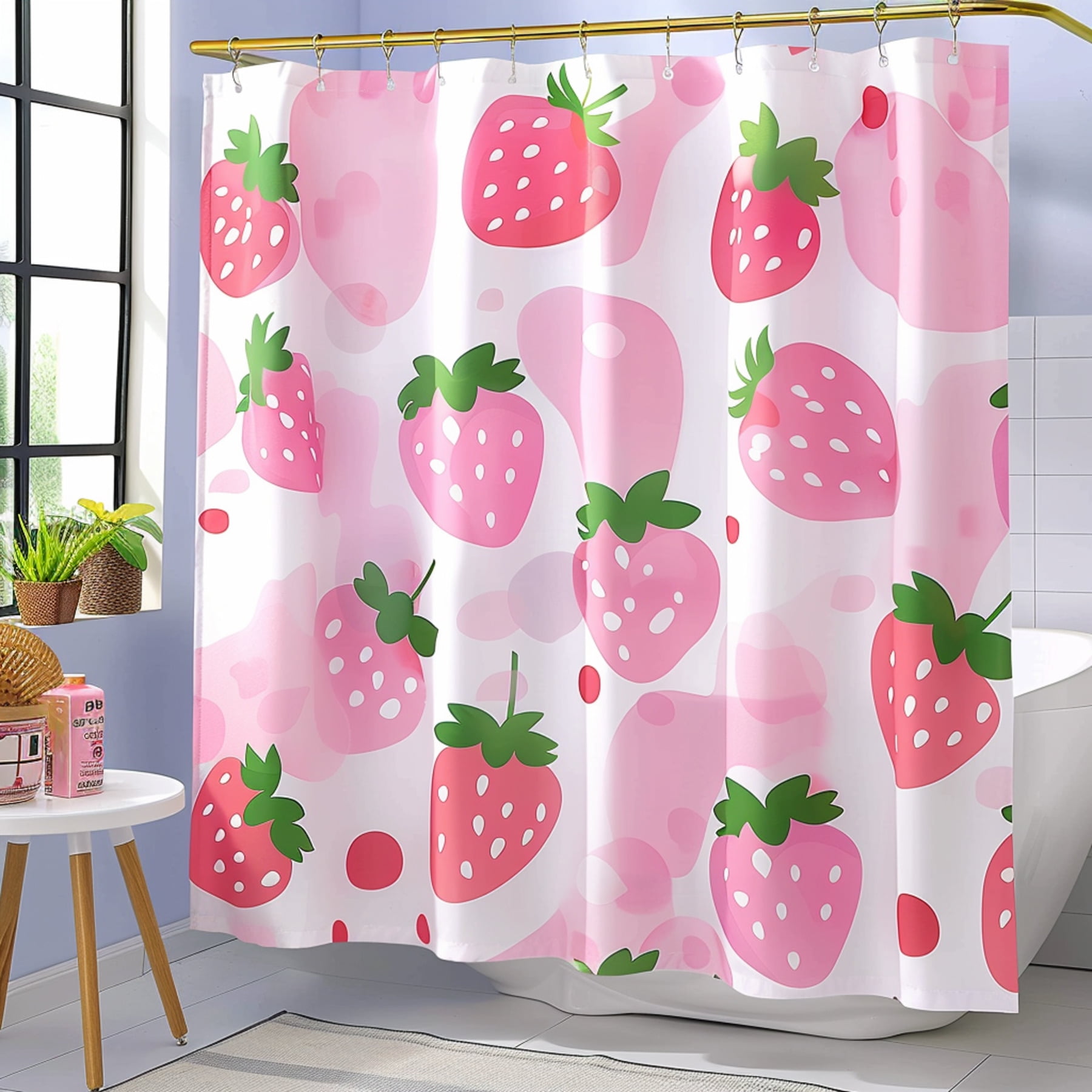 Strawberry Pattern Shower Curtain for Kids Bathroom Cartoon Style Pink
