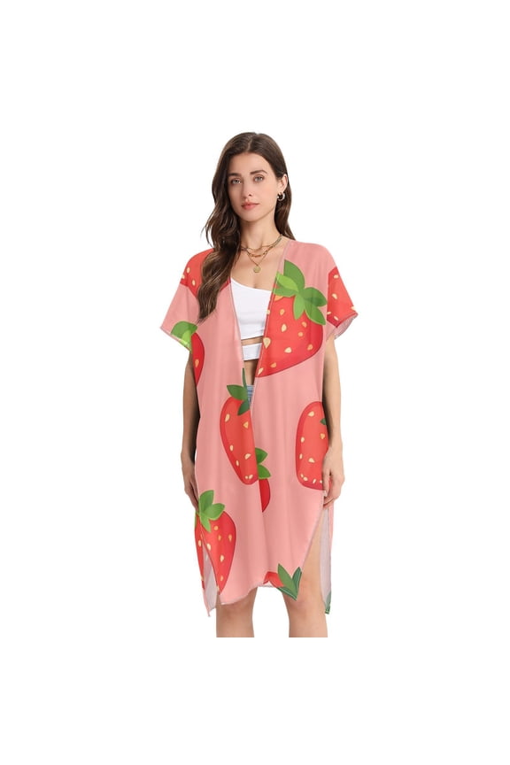 Strawberry Pattern Women Swimsuit Cover up V Neck Beach Dress Short Sleeve Vacation Outfits Swimwear