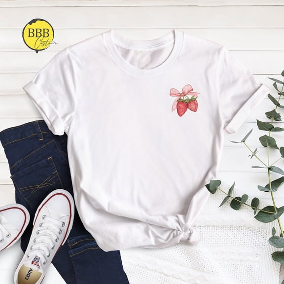 Strawberry Pink Bow Shirt, Coquette Aesthetic Shirt, Strawberry Lover , Strawberry Heart Shirt, Love Strawberry Shirt, Fruit Lover Shirt TSHIRT All Size S-5XL