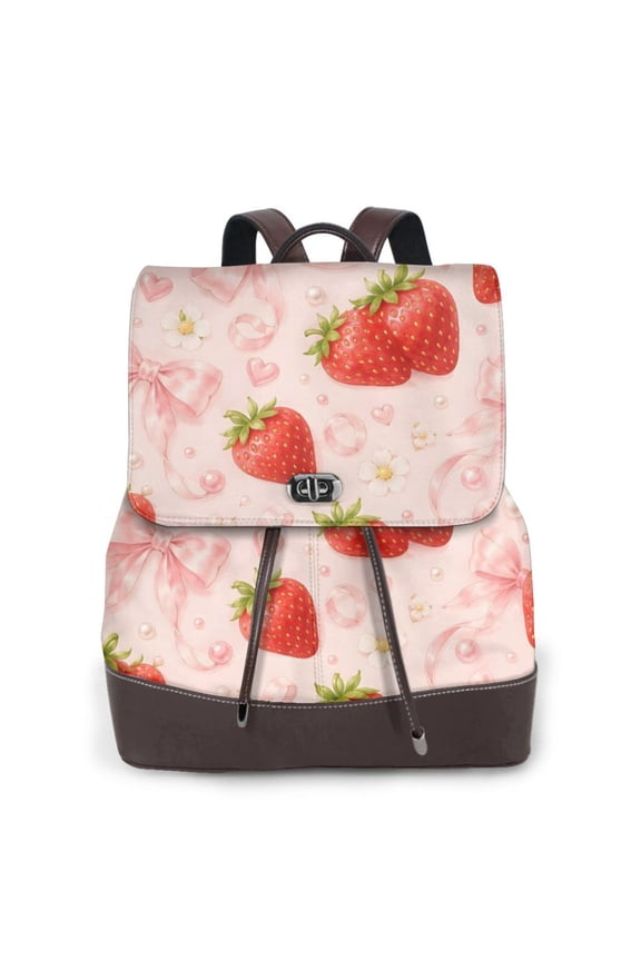 Strawberry Pink Bow Women's Leather Backpack All-Over Print Bag for Work and Travel