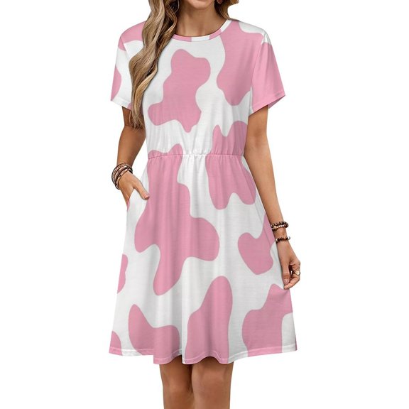 Strawberry Pink Cow Print Pattern Women's Dress Short Sleeve Summer Sundress Summer Women Clothes