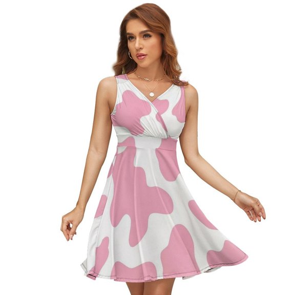 Strawberry Pink Cow Print Pattern Women's Tank Dress V Neck Sleeveless Summer Sundress