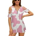 thumbnail image 1 of Strawberry Pink Cow Print Pattern Womens Summer V Neck Zipper Top Short Sleeve T Shirt Off Shoulder Top Casual Classy Loose Shirts, 1 of 7
