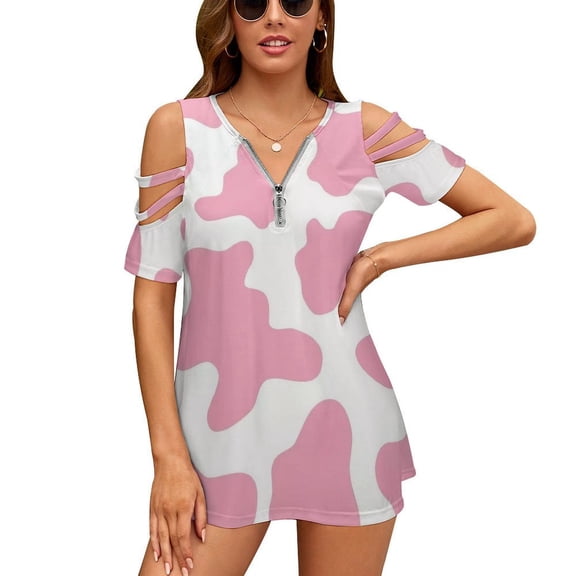 Strawberry Pink Cow Print Pattern Womens Summer V Neck Zipper Top Short Sleeve T Shirt Off Shoulder Top Casual Classy Loose Shirts